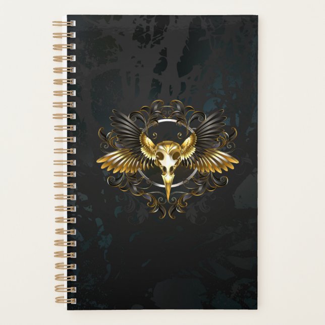 Golden Bird Skull on Black background Planner (Front)