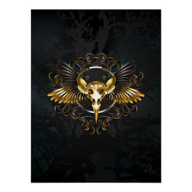 Golden Bird Skull on Black background Poster (Front)