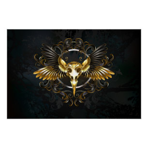 Golden Bird Skull on Black background Poster
