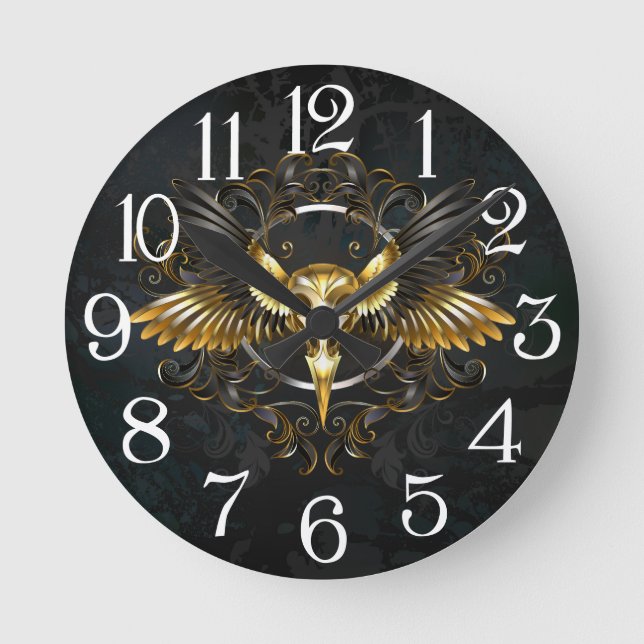 Golden Bird Skull on Black background Round Clock (Front)
