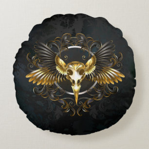 Golden Bird Skull on Black background Round Cushion