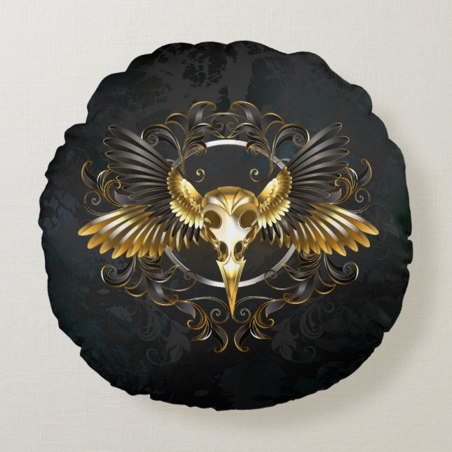 Golden Bird Skull on Black background Round Cushion (Front)