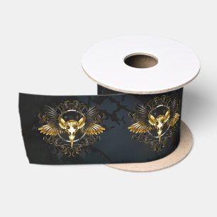 Golden Bird Skull on Black background Satin Ribbon