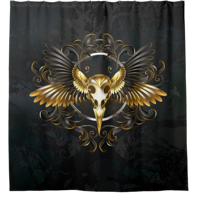 Golden Bird Skull on Black background Shower Curtain (Front)