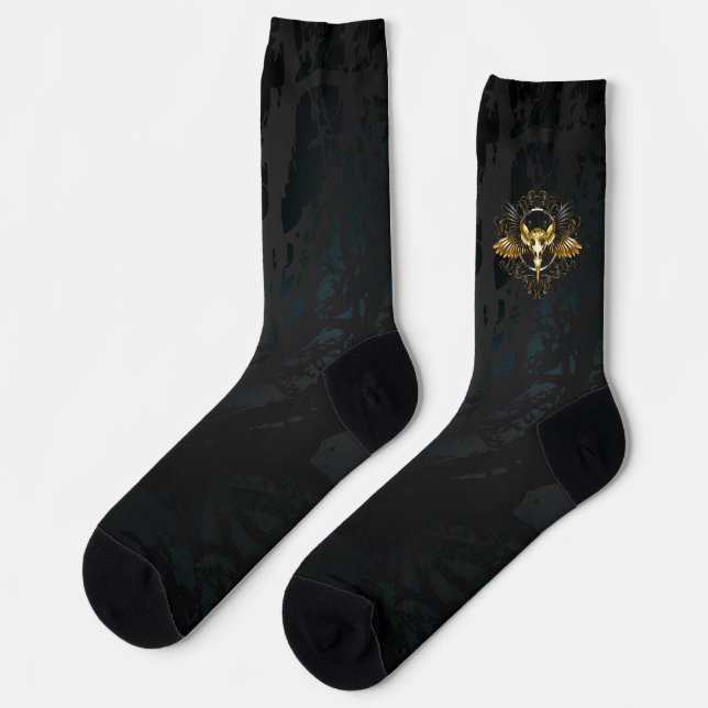 Golden Bird Skull on Black background Socks (Left)