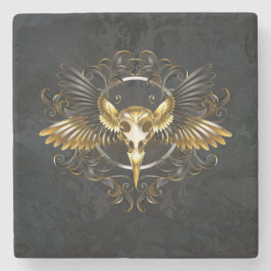 Golden Bird Skull on Black background Stone Coaster
