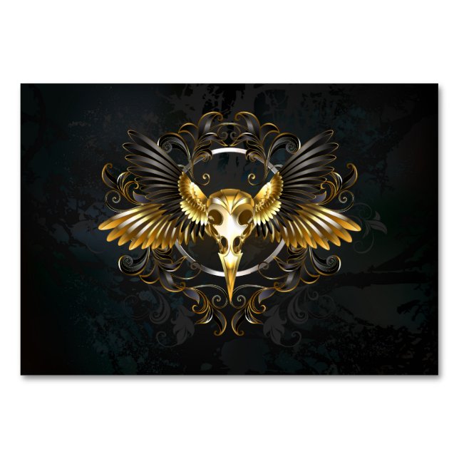Golden Bird Skull on Black background Table Number (Front)