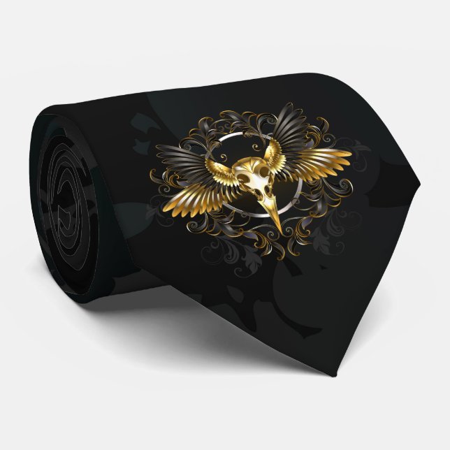 Golden Bird Skull on Black background Tie (Rolled)