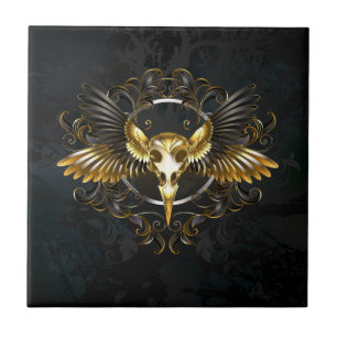 Golden Bird Skull on Black background Tile