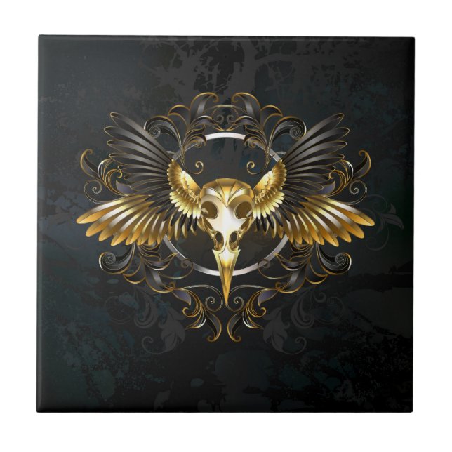 Golden Bird Skull on Black background Tile (Front)