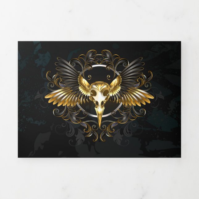 Golden Bird Skull on Black background Tri-Fold Card (Cover)