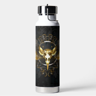 Golden Bird Skull on Black background Water Bottle