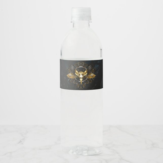 Golden Bird Skull on Black background Water Bottle Label (Front)