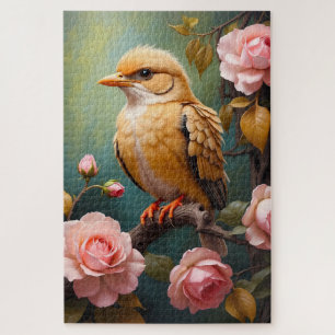 Golden Bird with Pink Roses Botanical Jigsaw Puzzle