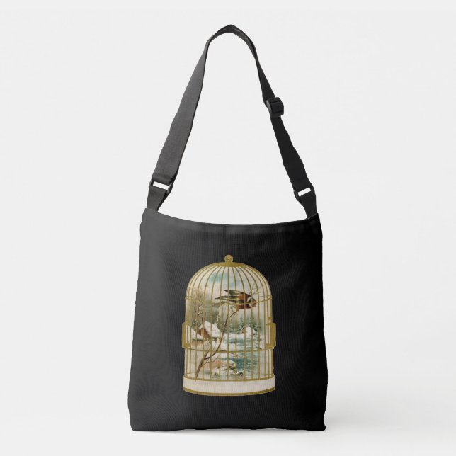 Golden Birdcage Bird Cabin by Stream Snow Inside Crossbody Bag (Front)