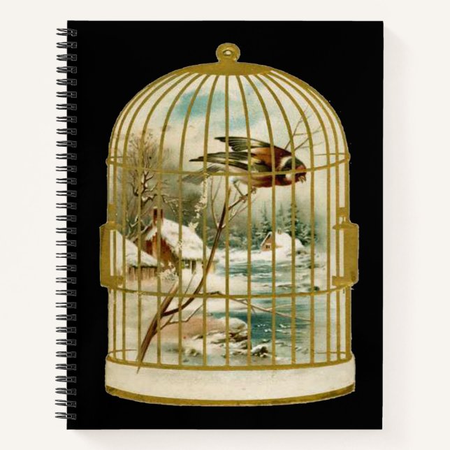 Golden Birdcage Cabin Snow Stream Bird Inside Notebook (Front)