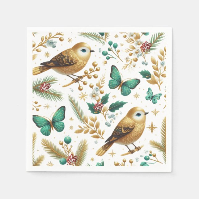 Golden Birds and Emerald Butterflies Holiday Napkin (Front)