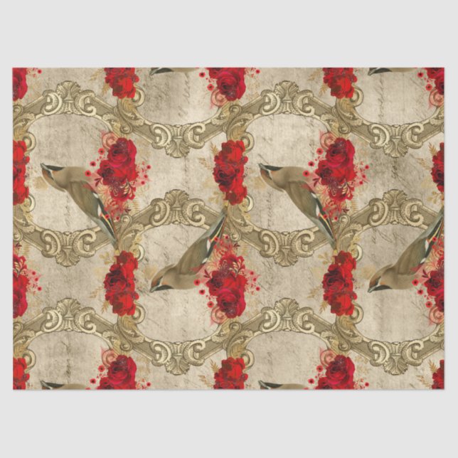 Golden Birds and Red Floral Decoupage Tissue Paper (Front)