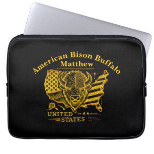 Golden Bison Illustration With USA Map and Flag Laptop Sleeve