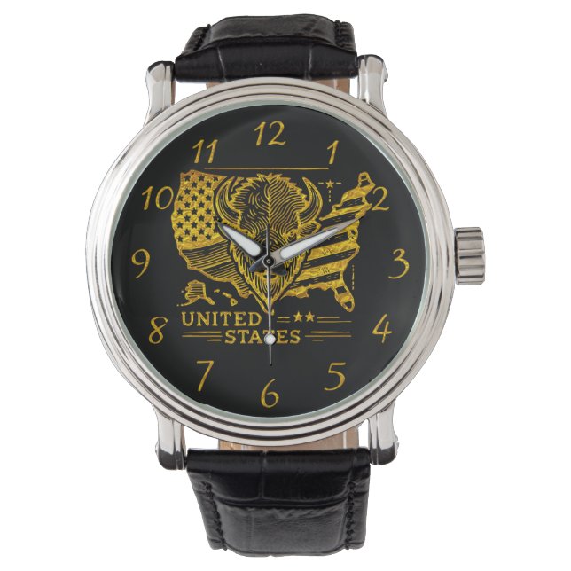Golden Bison Illustration With USA Map and Flag Watch (Front)