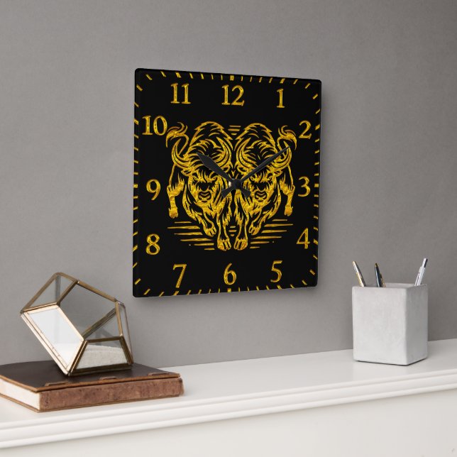 Golden Bison Running Across the Plains at Sunset Square Wall Clock (Office)