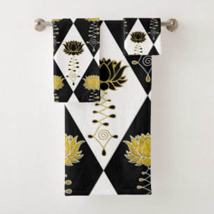 Golden Black and White Lotus Unalome Pattern Bath Towel Set