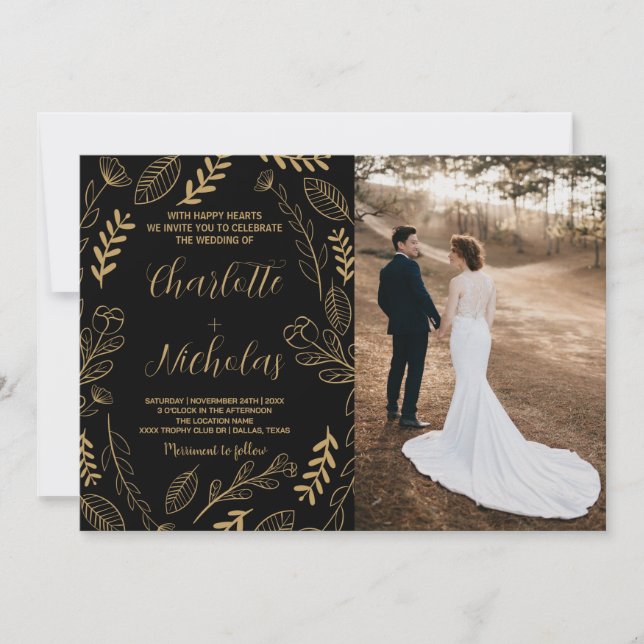 Golden Black Art Wedding Invitations with photo (Front)