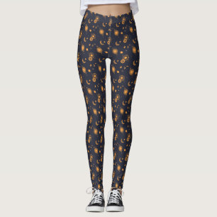 Golden black celestial sun moon galaxy pattern leggings
