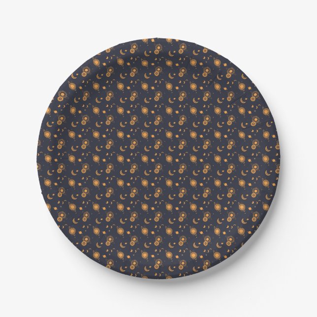 Golden black celestial sun moon galaxy pattern paper plate (Front)
