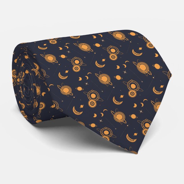 Golden black celestial sun moon galaxy pattern tie (Rolled)