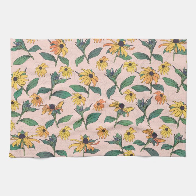 Golden Black-Eyed Daisy Flowers Tea Towel (Horizontal)