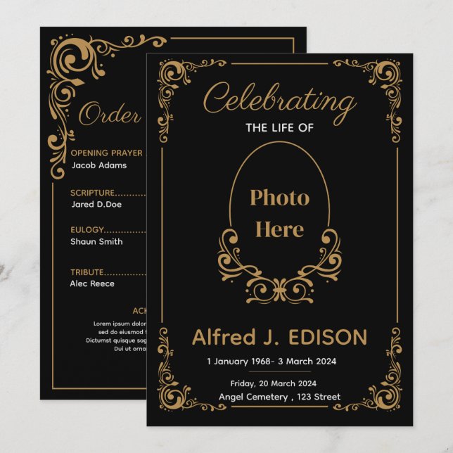 Golden Black Funeral Program, Funeral Memorial Invitation (Front/Back)