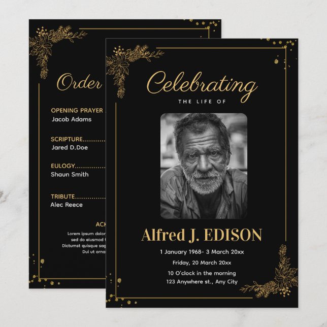 Golden Black Funeral Program, Funeral Memorial Invitation (Front/Back)