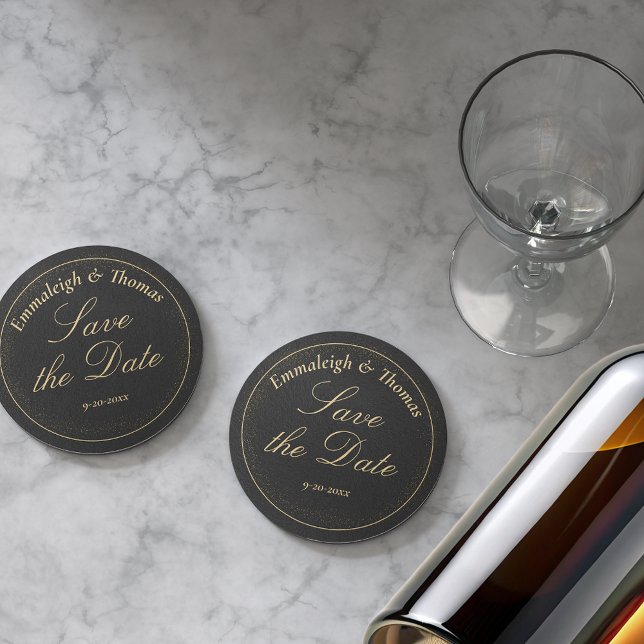 Golden Black Glitter Save the Date Round Paper Coaster (Creator Uploaded)