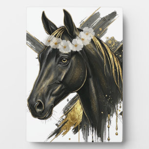 Golden Black Horse Floral Crown – Equine Art L Plaque