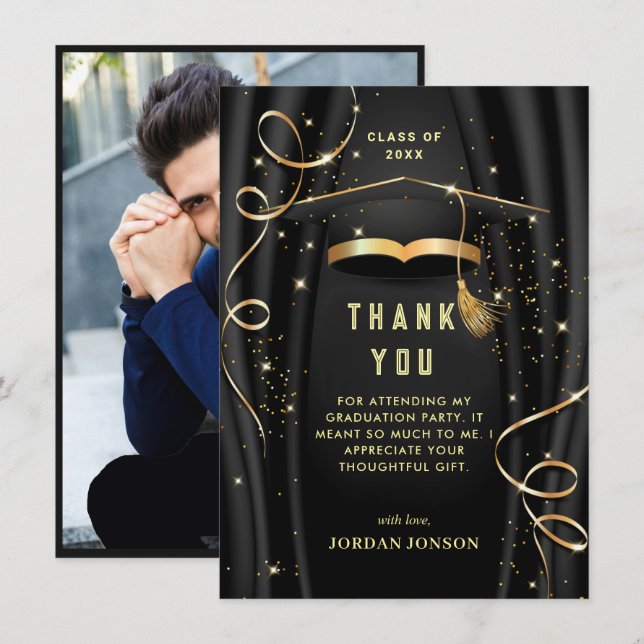 Golden Black Modern Graduation PHOTO Thank You Card (Front/Back)