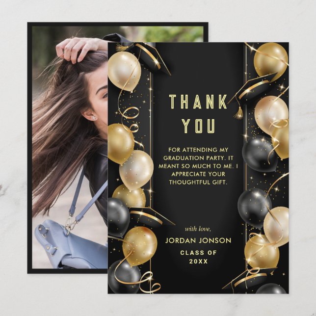 Golden Black Modern Graduation PHOTO Thank You Card (Front/Back)