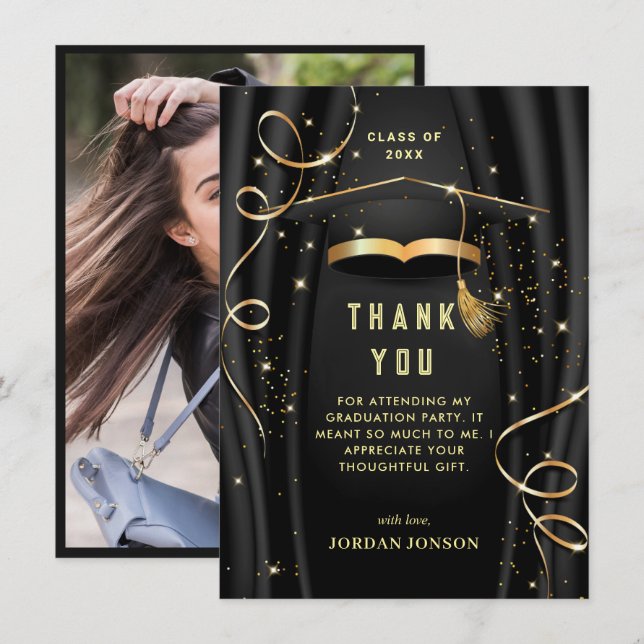 Golden Black Modern Graduation PHOTO Thank You Card (Front/Back)