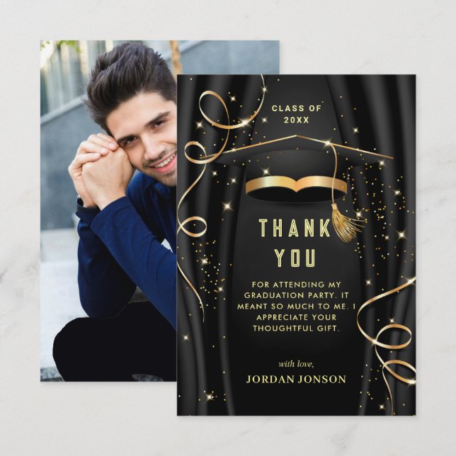 Golden Black Modern Graduation PHOTO Thank You Card (Front/Back)