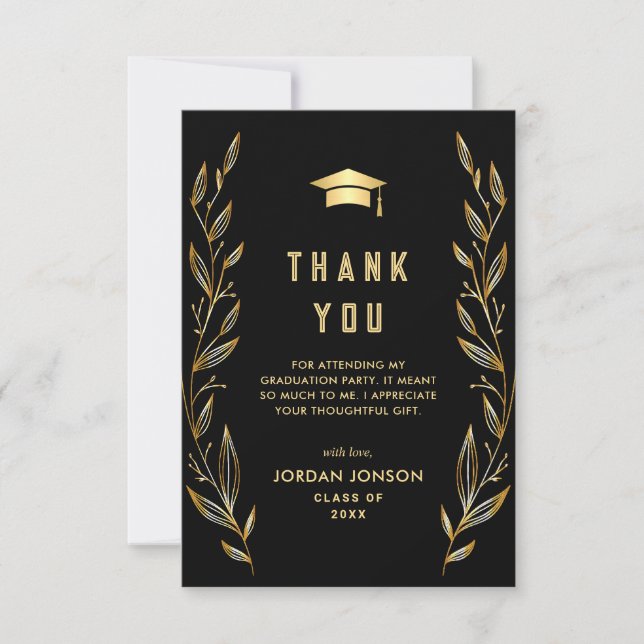 Golden Black Modern Graduation Thank You Card (Front)
