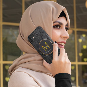 Golden & Black Modern Script Bold Monogram Initial iPhone 16 Pro Max Case