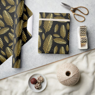 Golden Black Palm Leaf Pattern Wrapping Paper