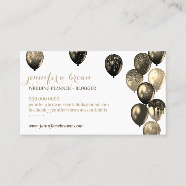 Golden Black Party Event Planner Elegant Balloons Business Card (Back)