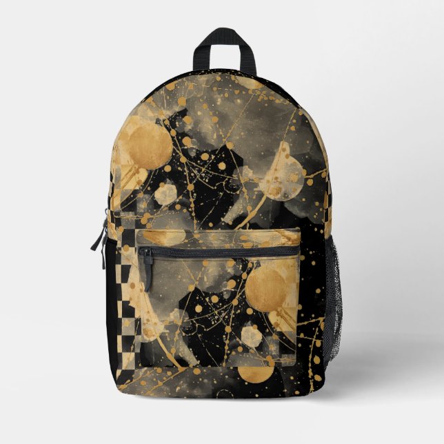 Golden Black Polka Dots and Chessboard Pattern  Printed Backpack (Front)