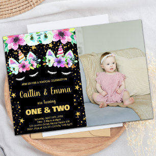 Golden Black Unicorn Birthday Invitations w photo