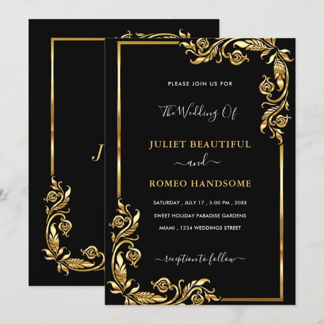 Golden Black Wedding Invitation Gold Leaves Frame (Front/Back)