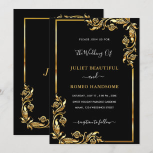 Golden Black Wedding Invitation Gold Leaves Frame