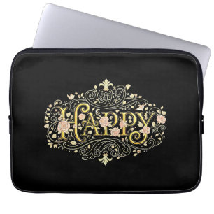 Golden Bliss: Elegant Floral Happy Laptop Sleeve