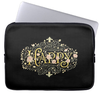 Golden Bliss: Elegant Floral Happy Laptop Sleeve