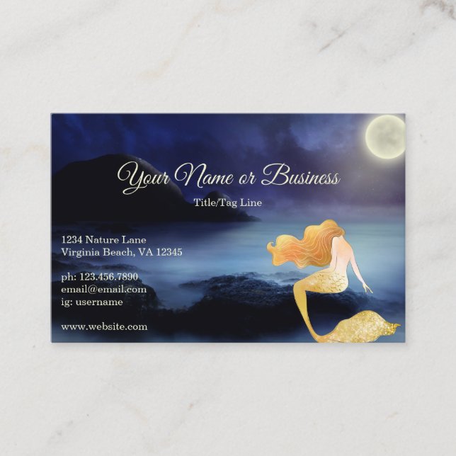 Golden Blonde Mermaid Full Moon Lagoon Beach Business Card (Front)